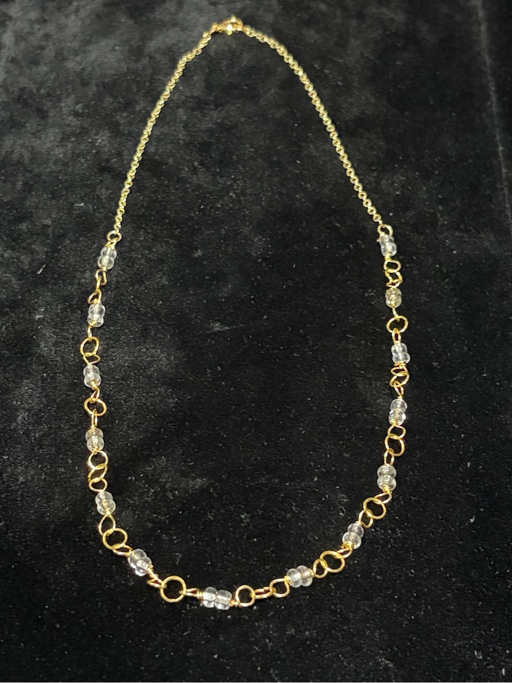 Gold Tone Beaded Chain Necklace - Clear Crystal Accents